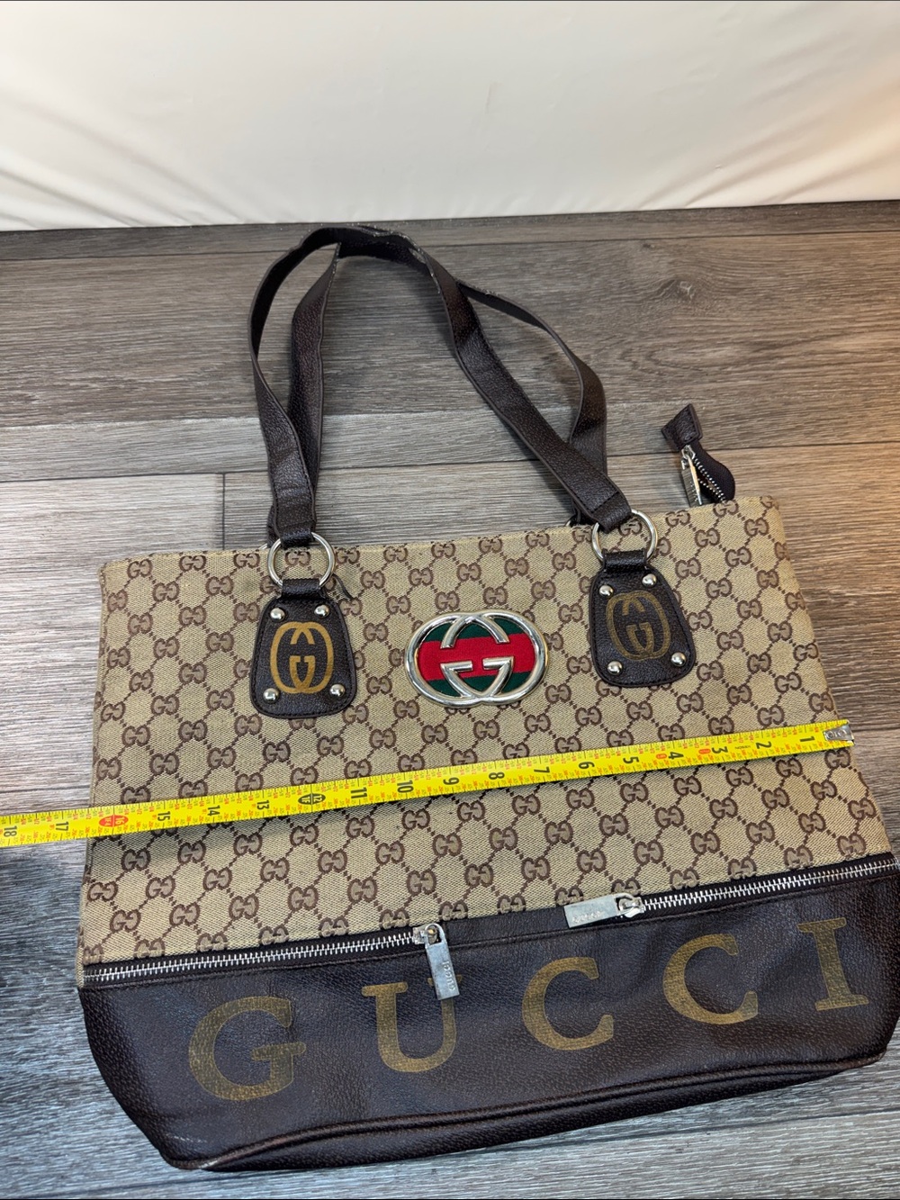 Beige Brown GG Canvas Tote with Red Green Emblem - Picture 6 of 10